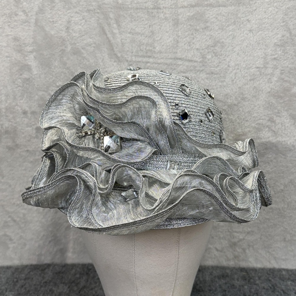 Ms Divine Hat Cloche Womens Silver Ruffle Rhinestone VTG Derby Church Wedding